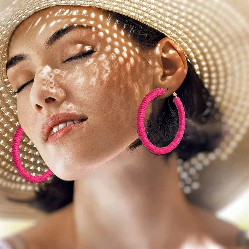 Miniatura 3 de Aretes de ratán hechos a mano, diseño circular de mimbre trenzado, diseño de mimbre de paja trenzada, estilo bohemio, aretes de gota de verano
