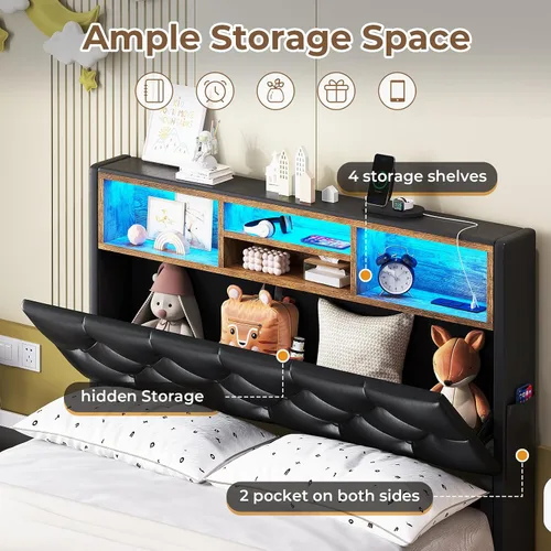 Miniatura 4 de HAUOMS Cama Twin con Cabecera de 3 Niveles y Almacenamiento Oculto, Marco LED Tapizado con 4 Cajones y Estación de Carga, Cama de Plataforma de Pu