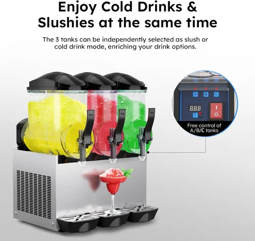 Miniatura 7 de Máquina comercial de granizado de 3 cuencos, 11.7 galones (3 x 3.9 galones) Máquina de bebidas congeladas de acero inoxidable de 900 W, máquina
