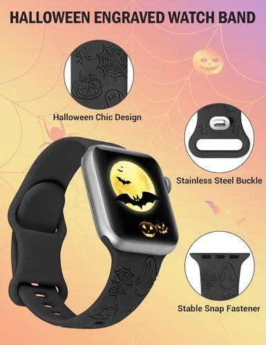 Miniatura 2 de W-RARA Correa grabada de Halloween compatible con Apple Watch Band de 1.496 in 1.575 in 1.614 in 1.654 in 1.732 in 1.772 in 1.929 in para mujeres