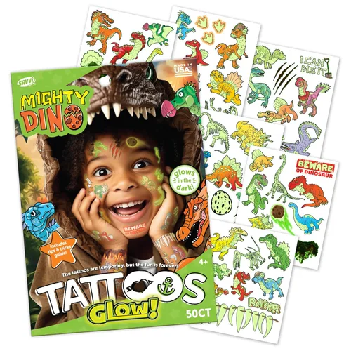 Savvi - 50 tatuajes temporales Mighty Dino: brilla en la oscuridad, tinta segura para la piel, ideal para fiestas de cumpleaños, regalos para niños