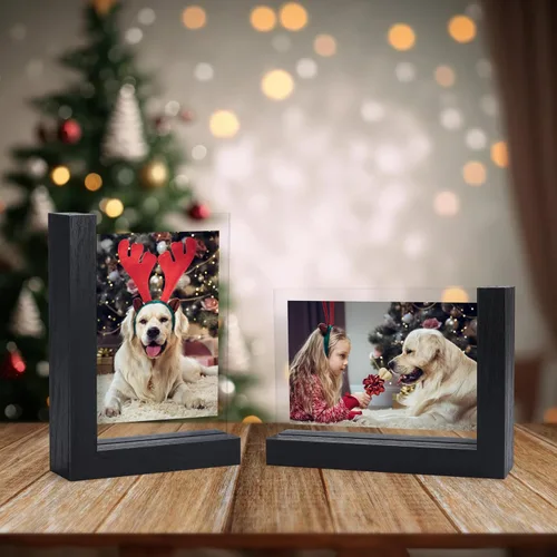 Miniatura 5 de Lavezee Paquete de 2 marcos de fotos de 4 x 6 pulgadas, hechos de base de madera negra en forma de L con vidrio, imágenes de fotos de doble cara