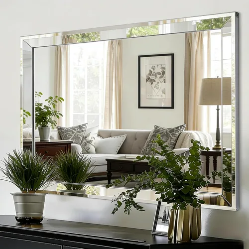 Miniatura 10 de Chende - Espejo de pared grande de 22" x 47", angular, rectangular, para decoración, con borde biselado de 2" y marco de acero inoxidable para sala