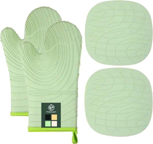 Miniatura 7 de Juego de 4 guantes para horno y soportes para ollas, resistentes al calor, 500 grados, extra gruesos, largos, de algodón, para cocina
