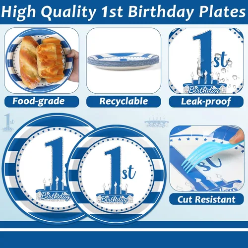 Miniatura 3 de 96 piezas de suministros para fiesta de primer cumpleaños de bebé, platos de papel para primer cumpleaños de niño, servilletas, decoración de fiesta
