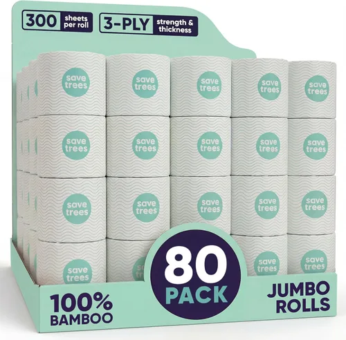 Save Trees Papel Higiénico de Bambú - 80 Rollos de Papel Higiénico Orgánico Seguro para Fosas Sépticas - 3 Capas, 300 Hojas por Rollo - Libre de