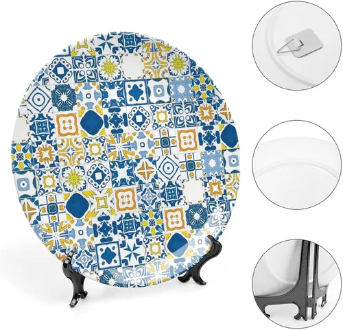 Miniatura 4 de XISUNYA Plato decorativo de 6 pulgadas, porcelana redonda amarilla y azul, mosaico arabesco, adorno decorativo para decoración de cenas, fiestas