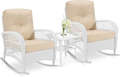 Miniatura 14 de VIVIJASON Mecedora de mimbre para exteriores, silla mecedora de ratán para patio con cojines y marco de acero, muebles de mimbre mecedores