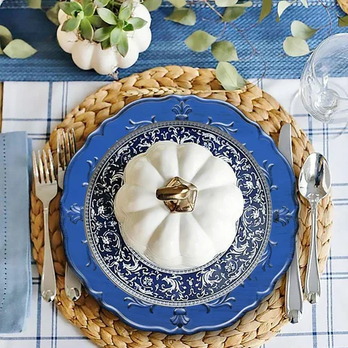 Miniatura 6 de Spsyrine Plato de carga azul real antiguo, cargadores de plástico en relieve de 13 pulgadas para cena, juego de 6 elegantes decoraciones para bodas