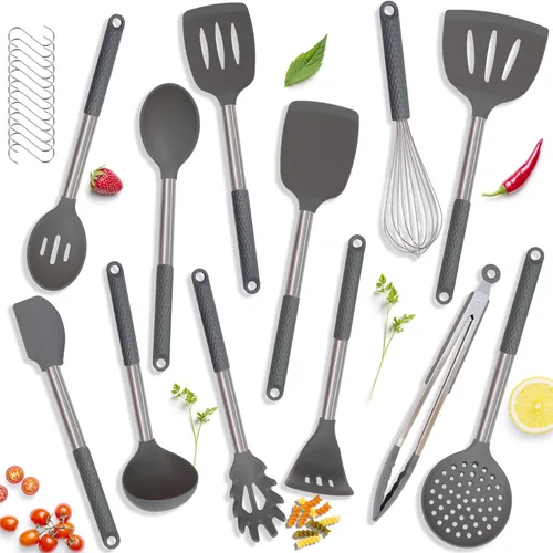 Juegos de utensilios de cocina: Utensilios de cocina de silicona con mango de acero inoxidable Juego de 12 (gris)