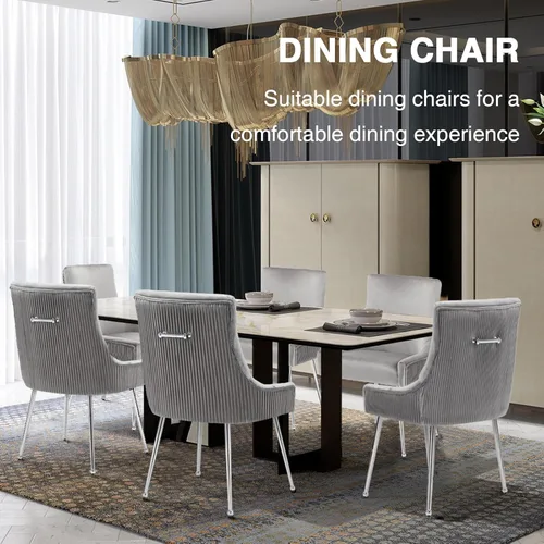 Miniatura 4 de adochr Juego de 6 sillas de comedor de terciopelo con patas de metal plateado, moderna silla de cocina tapizada con asa y respaldo plisado, silla