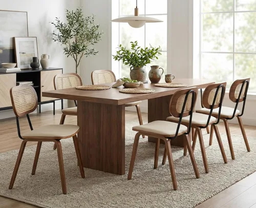Miniatura 6 de Ya-Home Juego de 4 sillas de comedor Mid-Century de piel sintética con respaldo de ratán, patas de madera, diseño sin brazos para comedor, sala