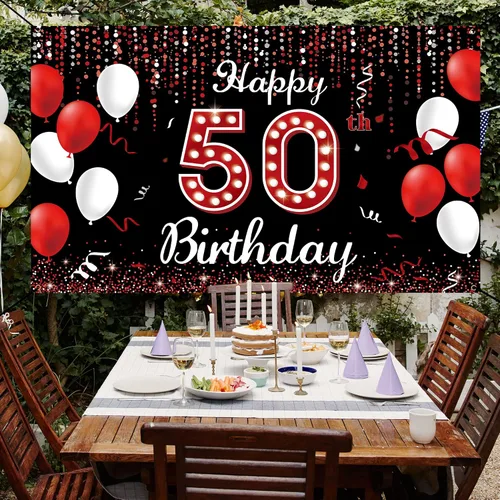 Miniatura 4 de Cartel de fondo de decoración de cumpleaños número 50, decoraciones de feliz cumpleaños 50 para mujeres, rojo, negro y blanco, cartel de fiesta