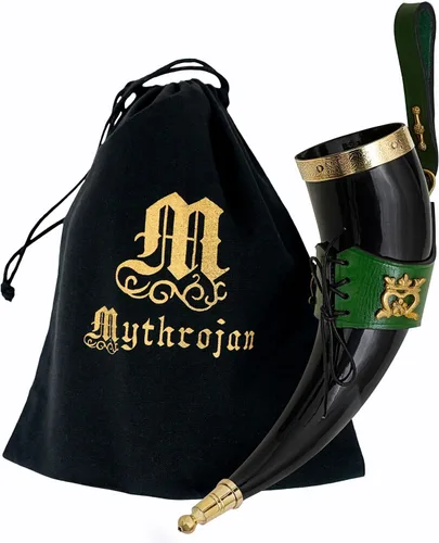 Miniatura 28 de Mythrojan Cuerno vikingo para beber 100% natural, auténtico, decoración de latón, cuerno nórdico con funda de cuero negro, bolsa de lona para vino