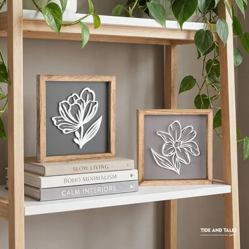 Miniatura 6 de Tide and Tales Arte de pared floral botánico 3D (juego de 2 marcos) listo para colgar, decoración bohemia ligera para paredes, decoraciones Naturales