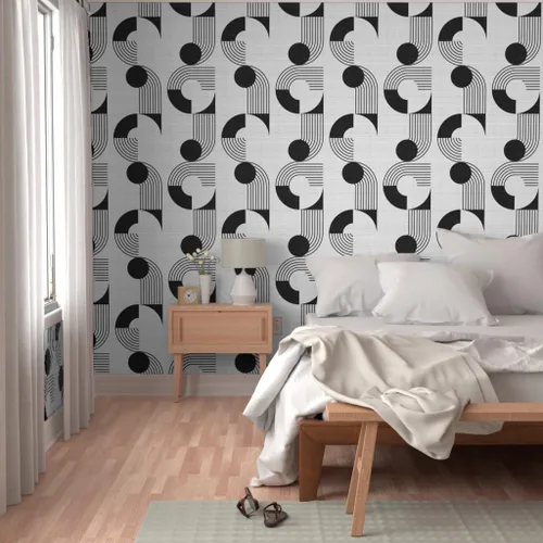 Miniatura 5 de Spoonflower Muestras de papel tapiz para despegar y pegar, cuenco de fideos Bauhaus, escala media, círculos blancos y negros, diseño geométrico