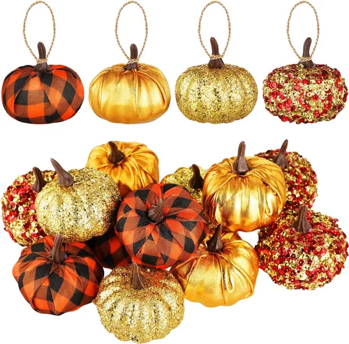 Sotiff 12 adornos para árbol de Acción de Gracias, adornos colgantes de calabaza, bolas de espuma con purpurina, envueltas en tela, pequeñas
