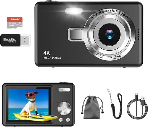 Miniatura 13 de Cámara digital, enfoque automático UHD 4K 50MP cámara de vlogging para fotografía con tarjeta SD de 32 GB, zoom 16X, antivibración, cámaras Púrpura