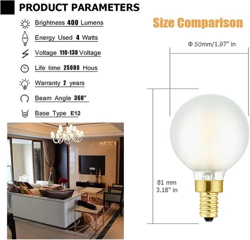Miniatura 3 de Leools Bombillas LED esmeriladas E12, bombillas de candelabro regulables de 40 W, 2700 K, blanco cálido, G16.5, 4 W, E12 g50, globo vintage