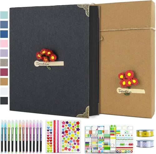 Vienrose Kit de álbum de fotos de bricolaje con bolígrafos, cintas y calcomanías, 60 páginas, tapa dura de 8.5 x 11 pulgadas, 3 anillos, papel negro