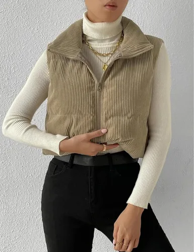 Miniatura 4 de Gihuo Chaleco acolchado de pana para mujer, con cuello alto, con cremallera, acolchado, sin mangas, chaleco