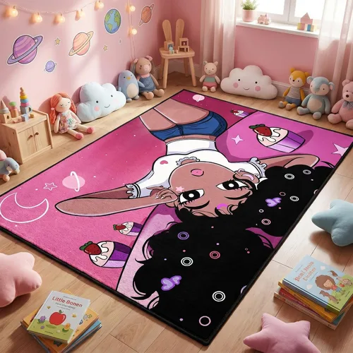 Miniatura 53 de Alfombra de área para dormitorio de niñas negras africanas, alfombra para sala de estar, sala de juegos, azul, lindo anime de dibujos animados