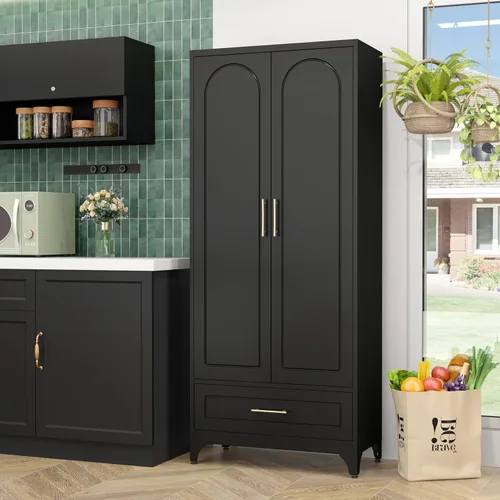 Miniatura 7 de SteeLoong - Gabinete de almacenamiento de metal con cajones, gabinetes de despensa negros de 75 pulgadas para almacenamiento de cocina con 3