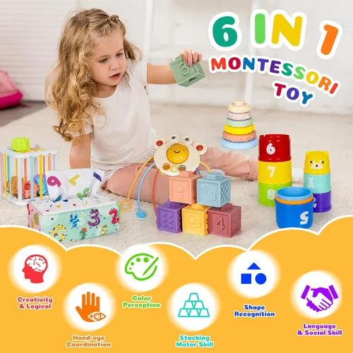 Miniatura 2 de Juguetes Montessori 6 en 1 para bebés recién nacidos, bloque de apilamiento suave, anillo de formas de aprendizaje sensorial para bebés, recipiente