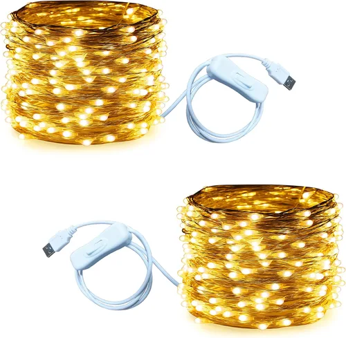 Miniatura 21 de RUICHEN Guirnalda de luces USB de 33 pies, 100 luces LED con interruptor de encendido/apagado (blanco cálido, paquete de 2)