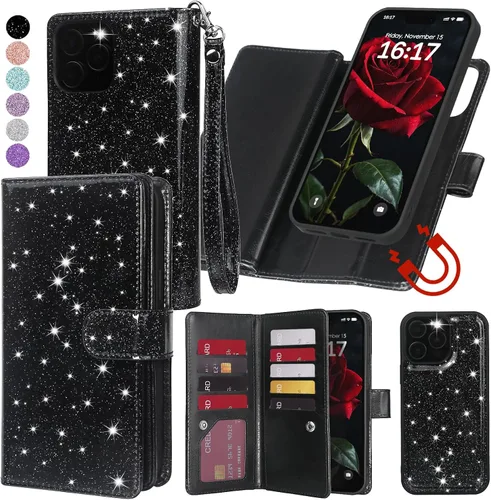 Varikke Funda tipo cartera desmontable para iPhone 12 Pro Max con tarjetero para mujer, correa de piel sintética con purpurina a la moda, cartera