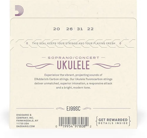 Miniatura 3 de D'Addario Cuerdas de ukelele soprano/concierto, fluorocarbono, EJ99SC, juego de 4 cuerdas, paquete de 1