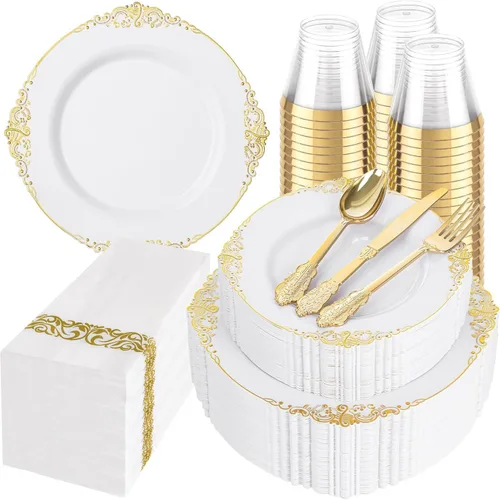 Miniatura 16 de Hioasis 175 platos de plástico verde transparente, elegante juego de vajilla desechable adecuado para 25 invitados, incluye platos de cena de 10.25