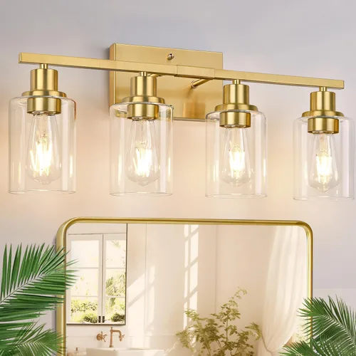 Miniatura 12 de Indoi Lámparas de baño de 4 luces, luces de tocador de níquel cepillado con pantallas de vidrio transparente, moderna lámpara de pared de baño