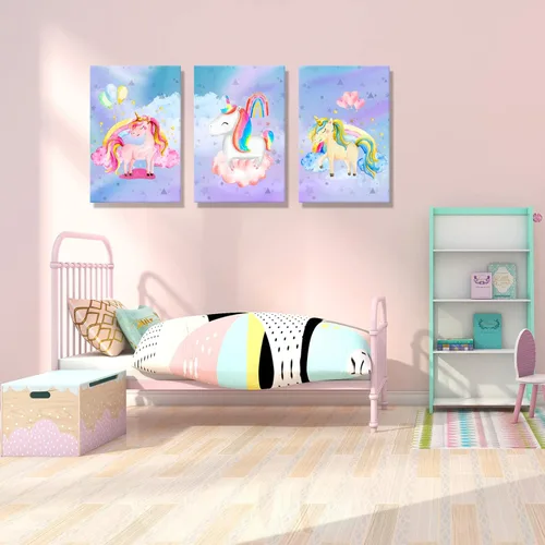 Miniatura 4 de YUANAND Arte de pared de unicornio para dormitorio de niña, cuadros de lienzo de arcoíris para decoración del hogar del cuarto del bebé, carteles