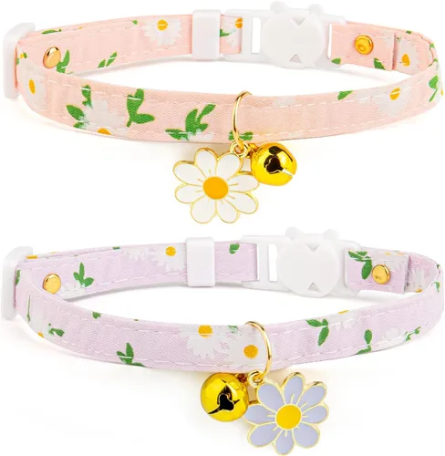 Paquete de 2 Collares Separables de Algodón para Gatos con Campana y Pendientes de Flores Rosas y Moradas Lindo Collar para Gatito Adecuado para