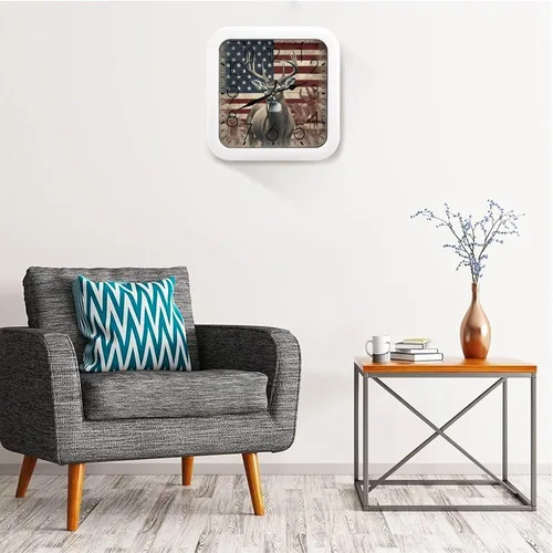 Miniatura 5 de 10" Square Modern Wall Clock,Americana Flag Deer Print Kitchen Clocks Wall Battery Operated,Silent Non Ticking Unique Funny Cute Wall Clock for