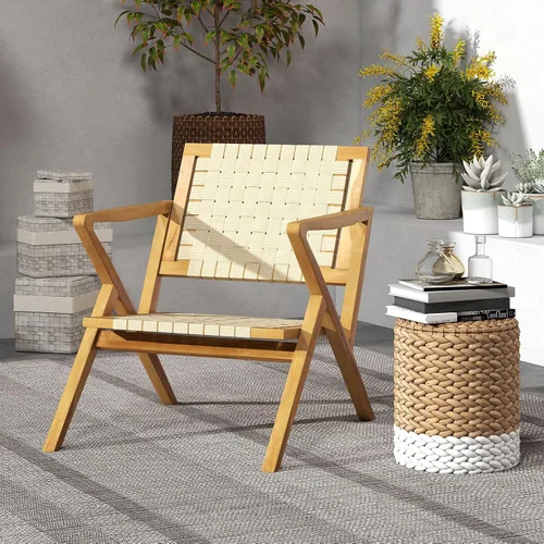 Miniatura 2 de Tangkula Silla de comedor de madera de teca para exteriores, sillón rústico de madera para patio con asiento y respaldo de cincha, para sala