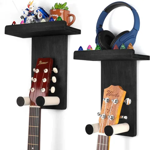 Miniatura 10 de Keebofly 2 unidades de colgador de pared para guitarra con estante de madera y soporte para púa para guitarra acústica, eléctrica, ukelele, bajo