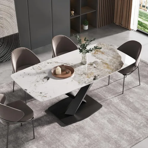 Miniatura 14 de Mesa de comedor moderna, mesa de comedor de piedra sinterizada blanca antigua con base de acero al carbono sólido en forma de X, mesa de comedor