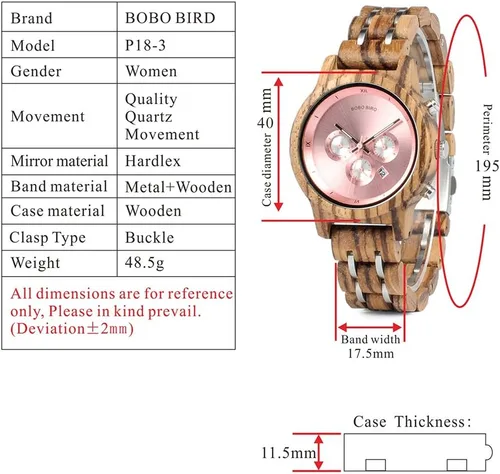 Miniatura 2 de BOBO BIRD Relojes de madera para mujer, correa de metal de madera de lujo, cronógrafo y visualización de fecha, reloj de cuarzo, moda de cebra
