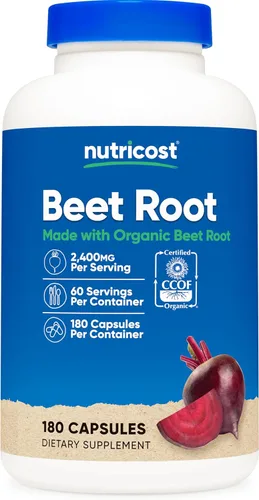 Nutricost Raíz de remolacha 2400 mg, 180 cápsulas – Certificado CCOF fabricado con raíz de remolacha orgánica, superalimento, 60 porciones