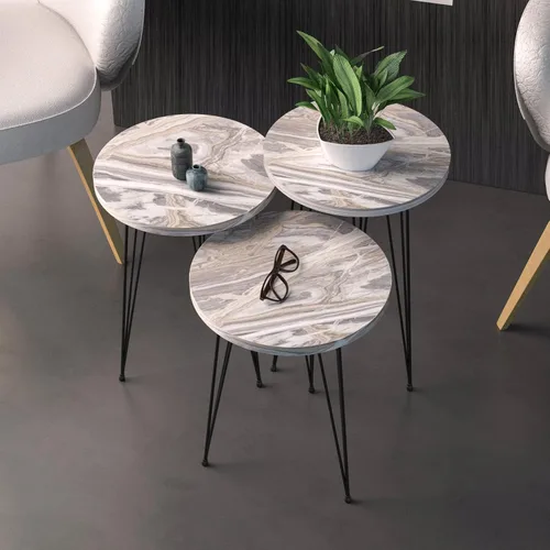 Miniatura 6 de Juego de 3 mesas auxiliares anidables de mármol blanco, mesas auxiliares redondas de madera apilables con patas de metal para sala de estar, oficina