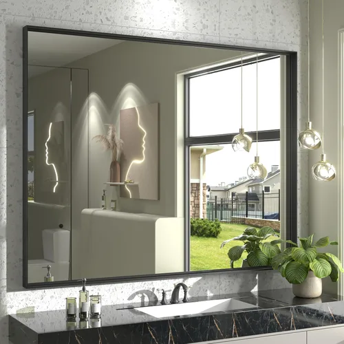 Miniatura 107 de Paquete de 2 espejos de baño con marco de metal negro de 22 x 30 pulgadas, espejo rectangular redondeado negro mate, antioxidante, se cuelga