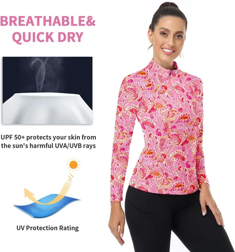 Miniatura 185 de WOWENY Camiseta deportiva de manga larga para mujer, con cremallera de un cuarto, cuello para entrenamiento, camiseta de tenis con estampado