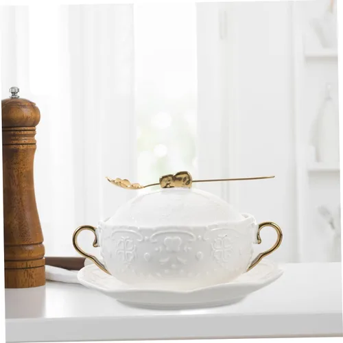 Miniatura 9 de DOITOOL Taza de sopa de cerámica de doble asa con tapa y cuchara, cuenco de porcelana resistente al calor de 6.10 pulgadas para cocinar al vapor
