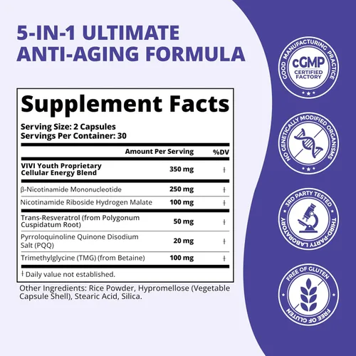 Miniatura 8 de Suplementos NAD+ para mujeres — Multi-Pathway NMN 250 mg, NR 100 mg, resveratrol, PQQ y betaína para energía celular, enfoque y salud metabólica, 60