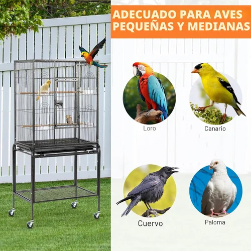 Miniatura 6 de VINGLI Jaula para pájaros de 53 pulgadas con ruedas, jaula duradera de hierro forjado con bandeja deslizante, jaulas para pájaros negros