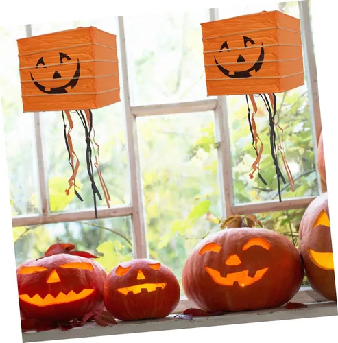 Miniatura 3 de ABOOFAN 2 linternas de calabaza de papel, luces LED, faroles de Halloween, decoraciones fáciles de colgar para ambiente de fiesta