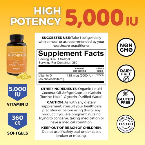 Miniatura 5 de Viva Naturals Vitamina D3 5000 UI, cápsulas blandas, 360 unidades (125 mcg), apoya la salud ósea e inmune, vitamina D de alta potencia