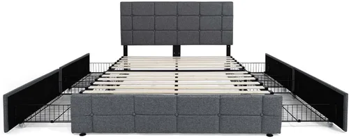 Miniatura 8 de Fencer Wire Base de cama de almacenamiento tapizada con 4 cajones y cabecera ajustable, botón cuadrado cosido acolchonado, marco de cama